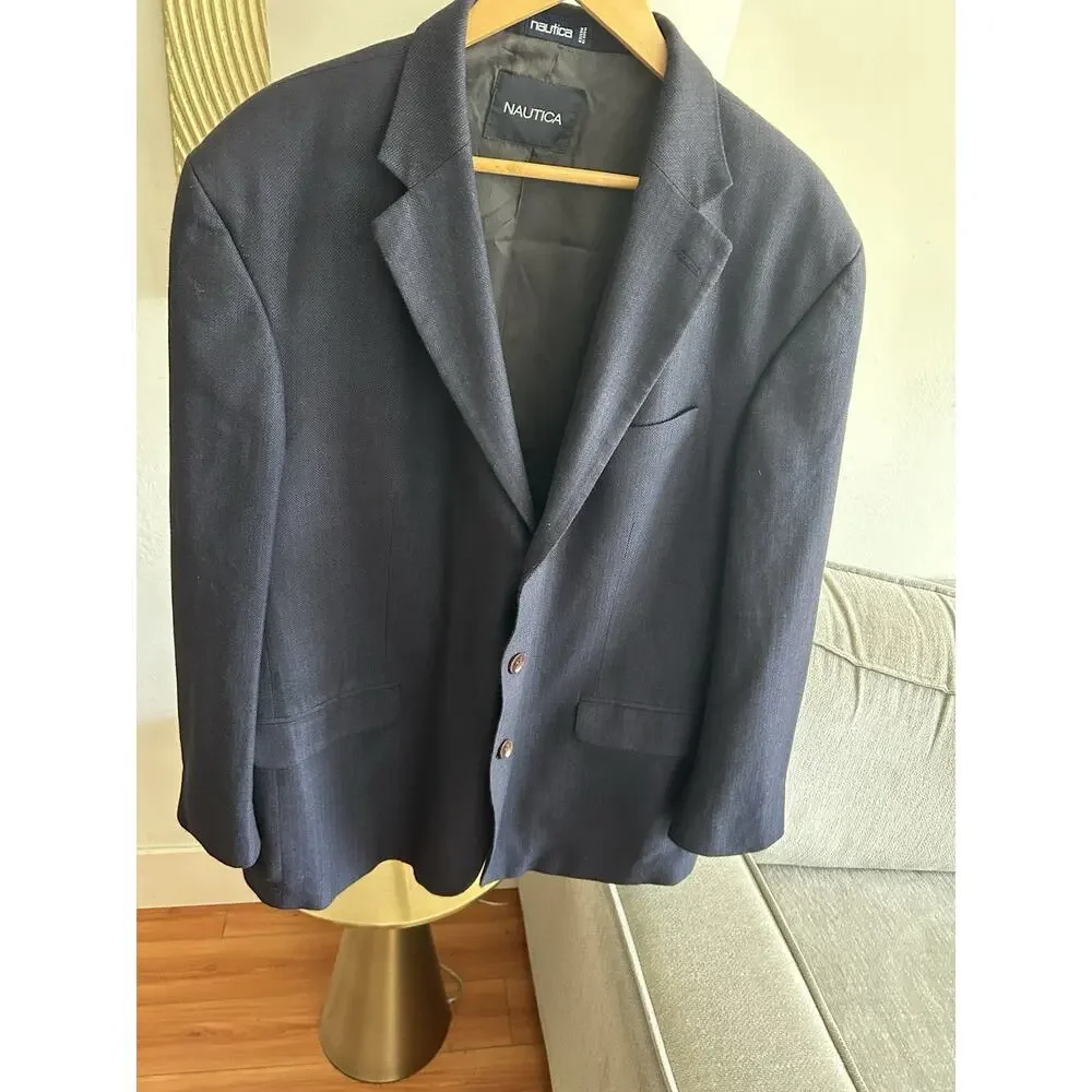 Nautica Silk Wool Blazer Sport Jacket 48R Preppy Coastal.Blue Old Money